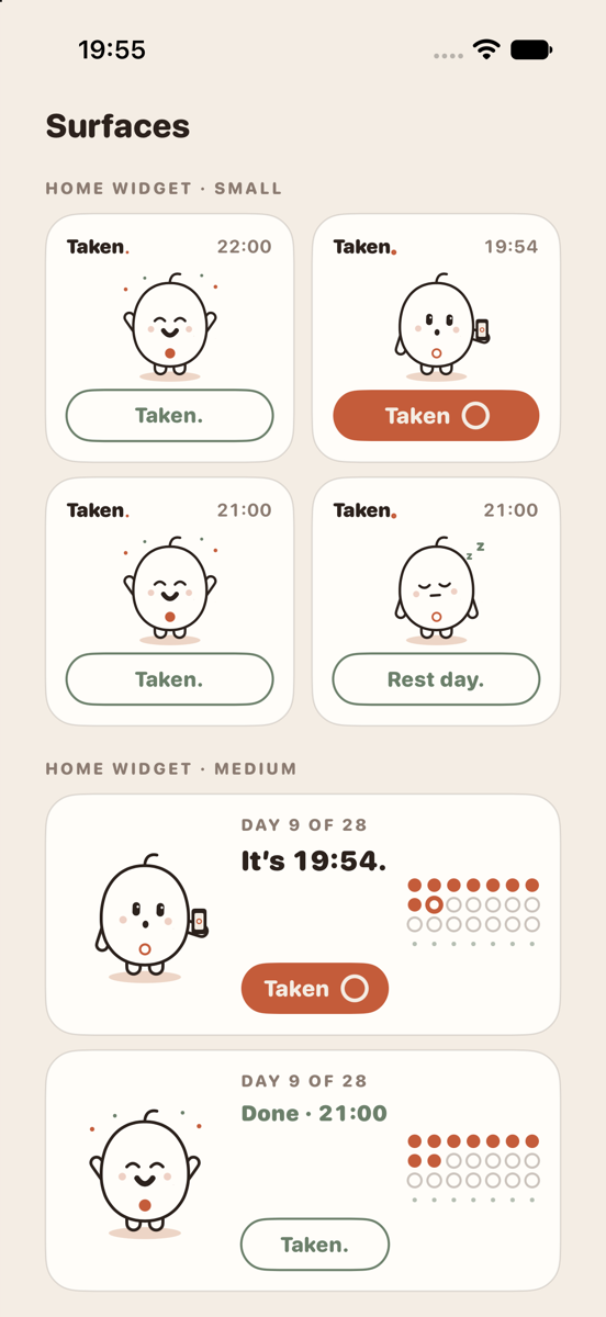 Taken widgets for the Home Screen and Lock Screen, each with a Taken button